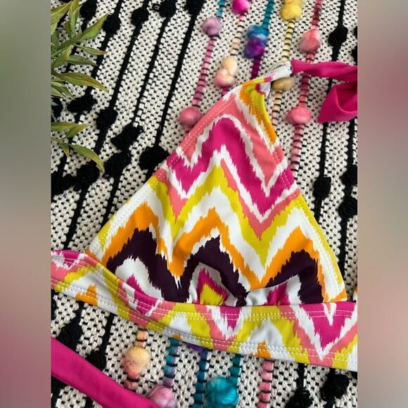 Athleta Pink Yellow Orange Chevron Triangle Bikini Top Sz S See Details - Picture 8 of 8